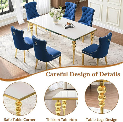 7 Piece Glass Dining Table Set, Modern 70 Inch Gold Rectangular Glass Kitchen Table, 6 Blue Exquisite Velvet Cushion Chairs for Living Room, Restaurant (White-Top)