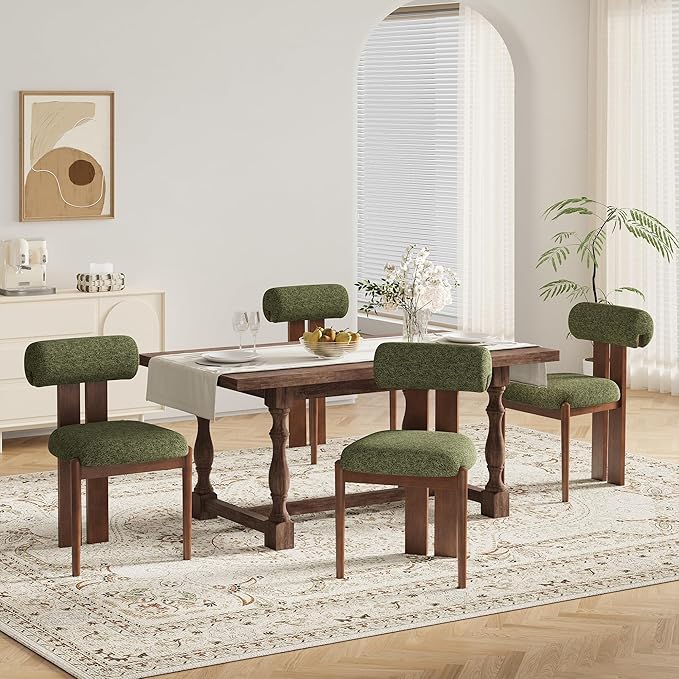 MALOL Modern Wooden Dining Chairs Set of 2, Upholstered Fabric Kitchen Chairs with Sculptural Backrest, Mid-Century Farmhouse Dining Room Chairs with Solid Wood Legs, Green