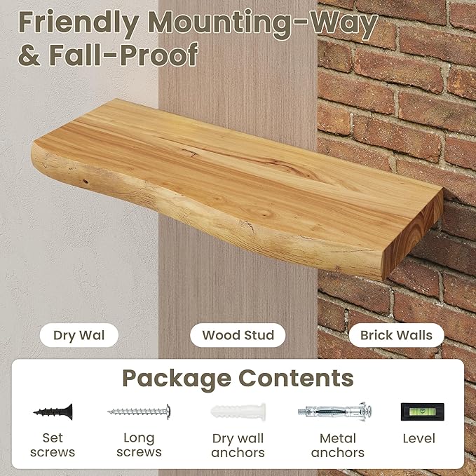 Fun Memories Floating Shelves for Wall Decor Set of 2-36 Inch Solid Elm Wood Live Edge - Rustic Natural Wall Shelves with Invisible Brackets - for Living Room, Bedroom, Kitchen - Natural Finish