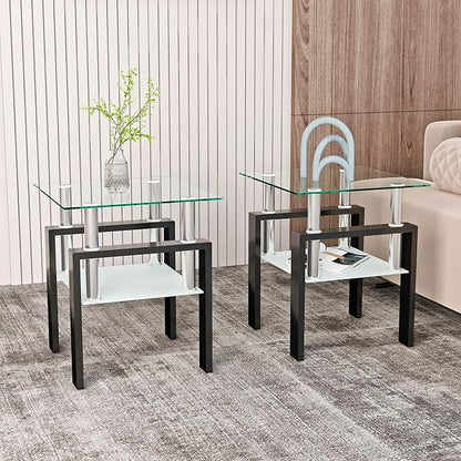 IANIYA 2PCS Modern Glass End Table, 2-Tier Side Table with Tempered Glass Top & Metal Legs, Night Stand Corner Table for Living Room, Bedroom