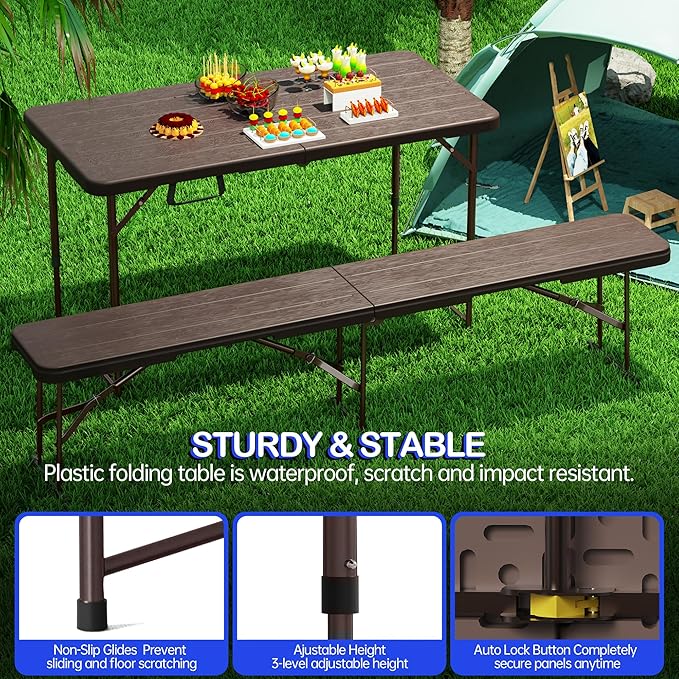 Set of 2 Folding Table 4 Foot for Indoor Outdoor, Portable Heavy Duty Fold-in-Half Utility Small Plastic Adjustable Height Folding with Carrying Handle for Picnic and Party, 2 Pack Brown