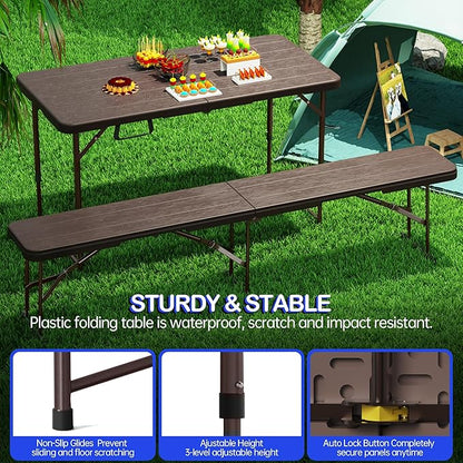 Folding Table 4 Foot for Indoor Outdoor, Portable Heavy Duty Fold-in-Half Utility Small Plastic Adjustable Height Folding with Carrying Handle for Picnic Camping and Party, Brown