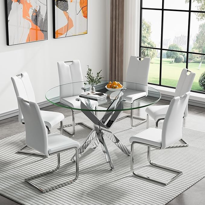 47.2'' Round Glass Dining Table for 4, Round Dining Room Table with X-Shape Metal Legs, Clear Circular Top Glass Silver Kitchen Table for 4, Perfect for Apartment Small Space