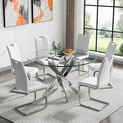 47.2'' Round Glass Dining Table for 4, Round Dining Room Table with X-Shape Metal Legs, Clear Circular Top Glass Silver Kitchen Table for 4, Perfect for Apartment Small Space