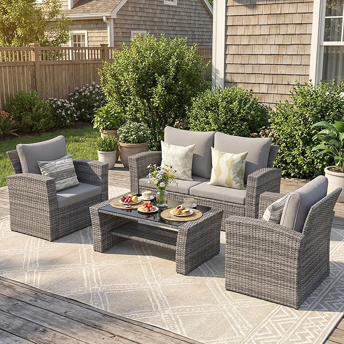 Wisteria Lane Patio Furniture Set, Wicker Outside Outdoor Furniture for All Weather, Patio Sofa with High Backrest Support and Wide Armrest for Backyard, Balcony, Deck, Porch, Light Gray