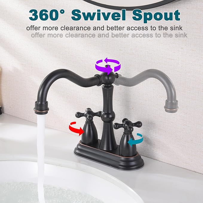 Oil Rubbed Bronze Bathroom Faucet 2 Hole, 4 Inch Centerset Antique Bathroom Faucet with Pop Up Drain and Supply Hose, Modern Bathroom Faucet Vanity Faucet, SE-0038-ORB
