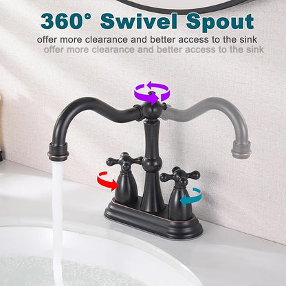 Oil Rubbed Bronze Bathroom Faucet 2 Hole, 4 Inch Centerset Antique Bathroom Faucet with Pop Up Drain and Supply Hose, Modern Bathroom Faucet Vanity Faucet, SE-0038-ORB