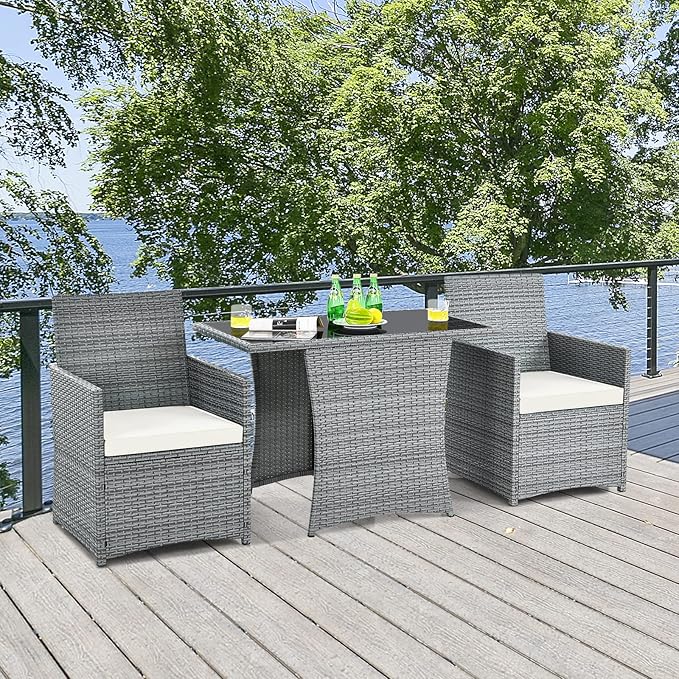 Tangkula 3 Pieces Patio Dining Set, Patiojoy Space-Saving PE Rattan Bistro Set with Tempered Glass Top Table and Cushioned Chairs, Outdoor Conversation Set for Garden, Backyard, Poolside, Porch