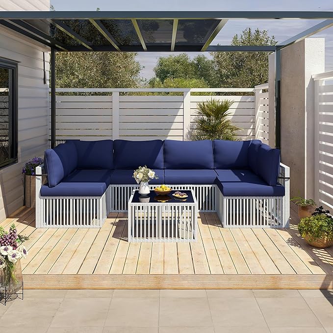 Pamapic 7-Piece Outdoor Sectional Set, Large Wicker Patio Furniture Set with Coffee Table and Washable Cushions Covers, All-Weather Patio Sofa Conversation Set for Backyard, Poolside, Garden
