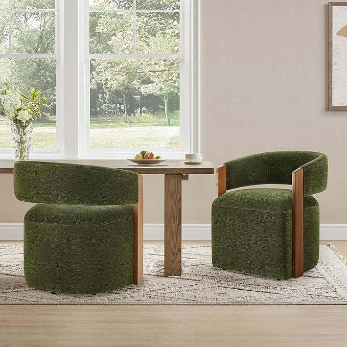 KISLOT Upholstered Dining Chairs Set of 2, Barrel Modern Dining Room Chairs with Casters, Kitchen Side Wooden Armchair with Fabric Cushion Seat for Bedroom, Livingroom, Reading Room, Green, 2 Boxs