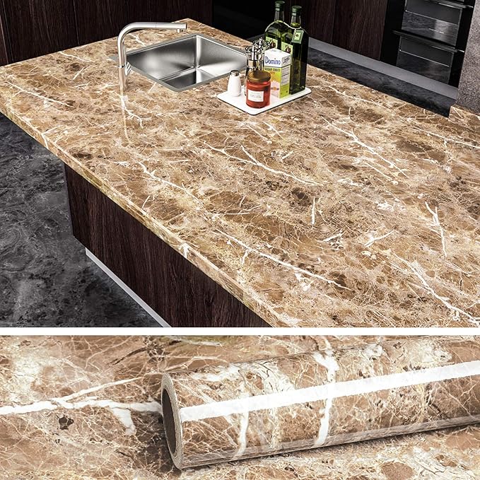 VEELIKE 15.7''x708'' Brown Marble Contact Paper for Countertops Waterproof Wallpaper Decorative Roll for Counter Top Covers Cabinets Kitchen Furniture Wall Self Adhesive Peel and Stick Removable