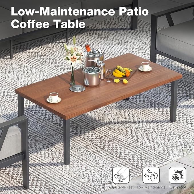 Outdoor Patio Furniture Set, 4 Pieces Metal Patio Furniture Set with Coffee Table, Modern Outdoor Patio Conversation Seating Set with 6” Thick Cushions, Light Grey