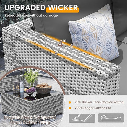 UDPATIO Outdoor Patio Furniture Set, 7 Piece PE Wicker Sectional Sofa with Tea Table, Outdoor Conversation Set with Waterproof Cover for Patio, Garden, Backyard (Grey Cushions with Grey Rattan)