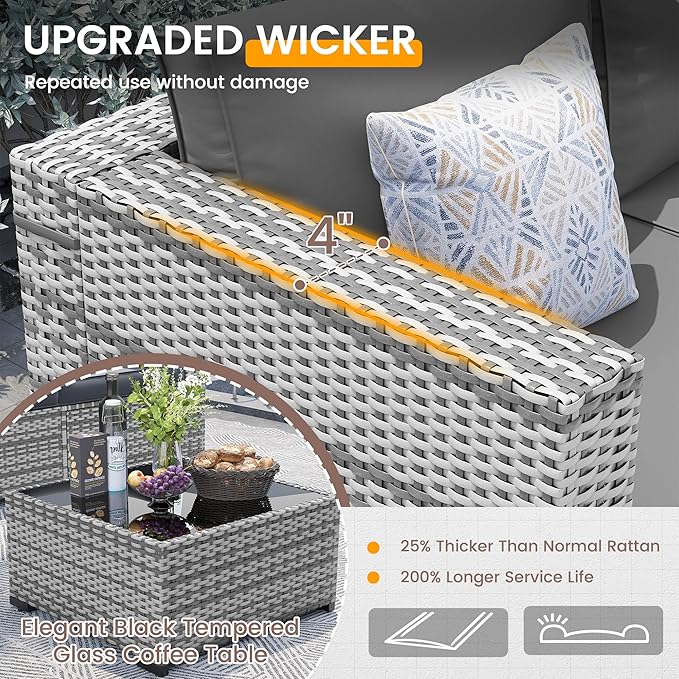 UDPATIO Patio Furniture Set with Fire Pit Table, 8 Pieces Outdoor Sectional Sofa, PE Wicker Patio Conversation Set for Garden, Backyard (Grey Cushions with Grey Rattan)