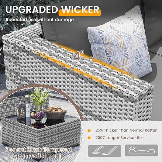 UDPATIO Patio Furniture Set with Fire Pit Table, 8 Pieces Outdoor Sectional Sofa, PE Wicker Patio Conversation Set for Garden, Backyard (Grey Cushions with Grey Rattan)