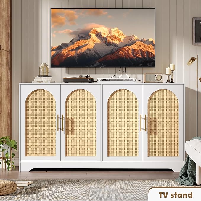 GarveeHome Sideboard Buffet Cabinet - Credenza Storage with 2 Rattan Doors and Shelves, Modern Console Table Accent Coffee Bar Cabinet for Living Room, Kitchen, Hallway, Dining Room, Entryway, White