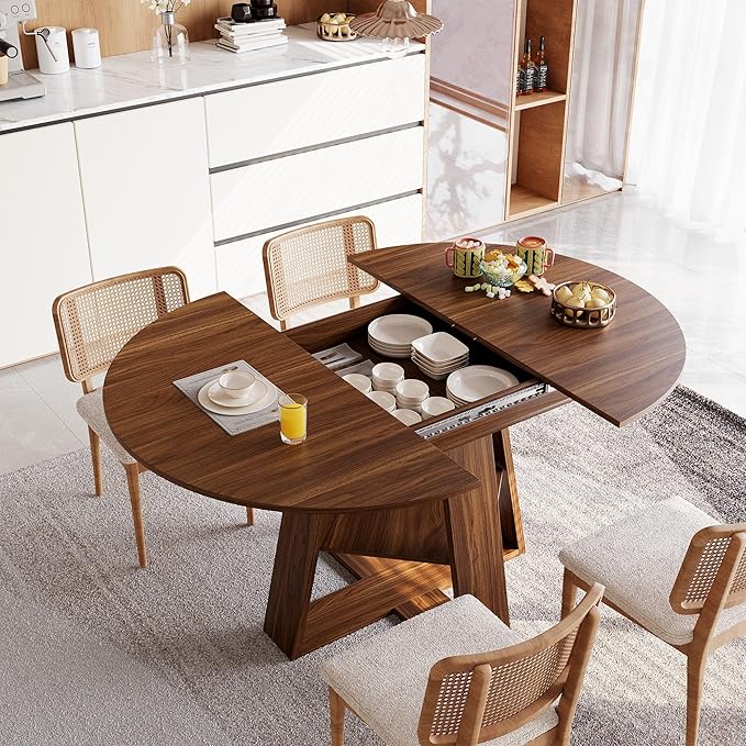 COSIEST 43.3in-59in Extendable Round Dining Table for 4-8 People, Modern Oval Kitchen Table with Storage Shelf & Removable Leaves, Space Saving Wood Dinner Table for Kitchen Living Room(Walnut)