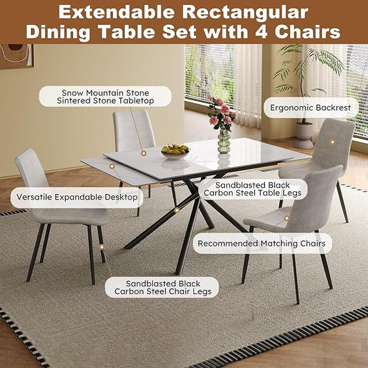 Runboll Extendable Rectangular Dining Table Set for 4, 47"-71" Modern Sintered Stone Kitchen Table with 4 Chairs and Carbon Steel Legs for Dining Room Family Gathering