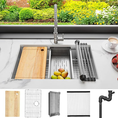 YITAHOME Kitchen Sink Undermount Workstation 32in, 304 Stainless Steel Single Bowl w/Ledge & Accessories, Honeycomb Surface Design, RV, Modern Bar Sink 32x19x10in, Silver