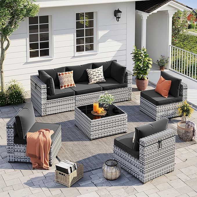 UDPATIO Outdoor Patio Furniture Set, 7 Piece PE Wicker Sectional Sofa with Tea Table, Outdoor Conversation Set with Waterproof Cover for Patio, Garden, Backyard (Black Cushions with Grey Rattan)