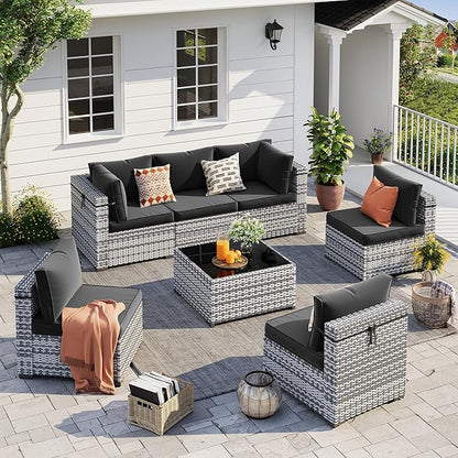 UDPATIO Outdoor Patio Furniture Set, 7 Piece PE Wicker Sectional Sofa with Tea Table, Outdoor Conversation Set with Waterproof Cover for Patio, Garden, Backyard (Black Cushions with Grey Rattan)