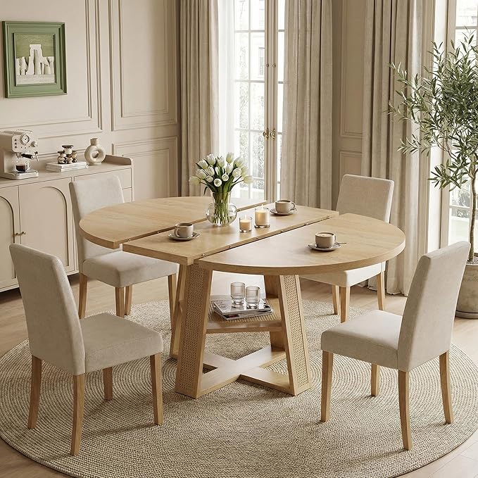LIKIMIO 43"-59" Extendable Round Dining Table for 4-8, Transformer Oval Dining Room Table with Removable Leaves Space Saving, Wood Base Modern Kitchen Table with Storage Shelf for Living Room, Natural