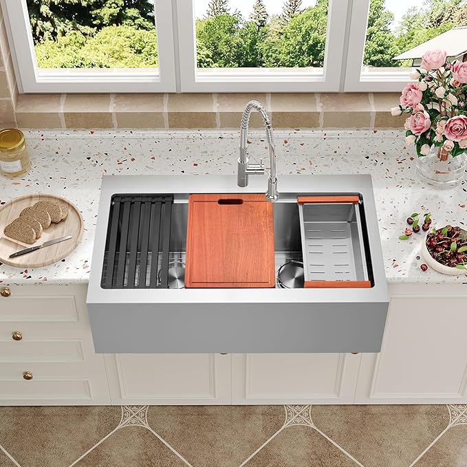 Farmhouse Kitchen Sink 36 x 22 Drop In, 50/50 Double Bowl Farm Sinks, 16 Gauge Stainless Steel Workstation Sink with Ledge & Accessories, 36 Inch Large and Deep Farm house Apron Front Sink