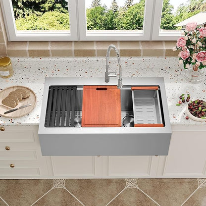 Farmhouse Kitchen Sink 36 x 22 Drop In, 50/50 Double Bowl Farm Sinks, 16 Gauge Stainless Steel Workstation Sink with Ledge & Accessories, 36 Inch Large and Deep Farm house Apron Front Sink