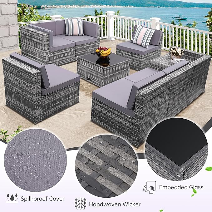 KROFEM 8-Piece Patio Furniture Set, Outdoor Wicker Rattan Sectional with Thick Cushions, Glass Top Table with Hidden Storage, Outdoor Conversation Set for Backyard, Porch, Patio, Light Grey