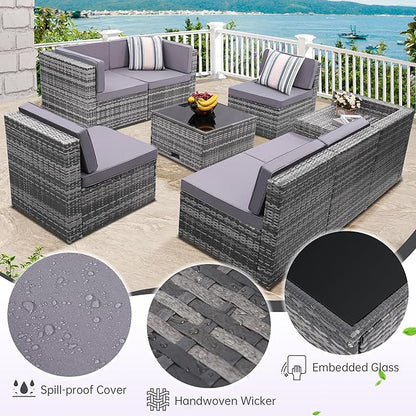 KROFEM 8-Piece Patio Furniture Set, Outdoor Wicker Rattan Sectional with Thick Cushions, Glass Top Table with Hidden Storage, Outdoor Conversation Set for Backyard, Porch, Patio, Light Grey