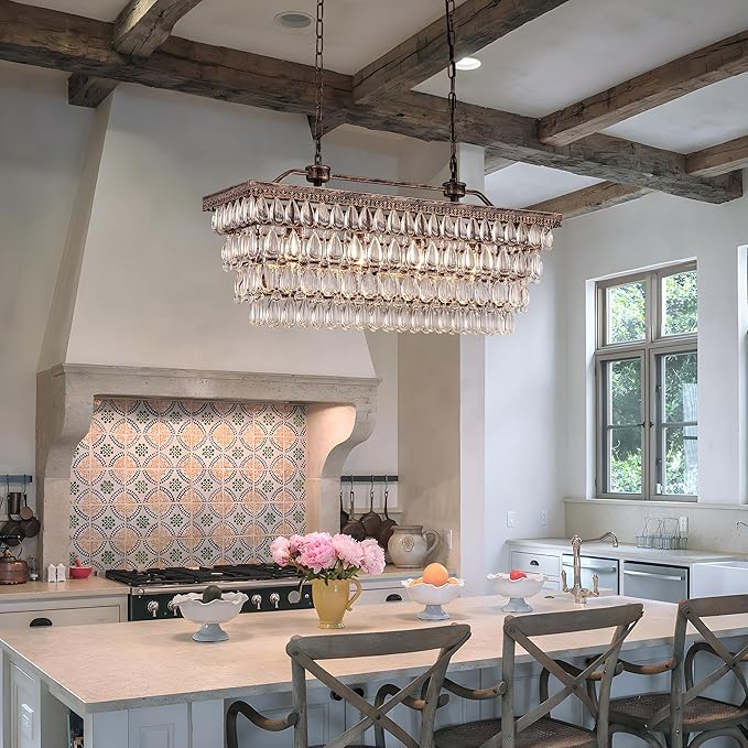 Wellmet Dining Room Crystal Chandelier,30 inch Antique Bronze Rectangle Crystal Ceiling Light,4 Lights Farmhouse Kitchen Island Lighting,Adjustable Hanging Light Fixtures