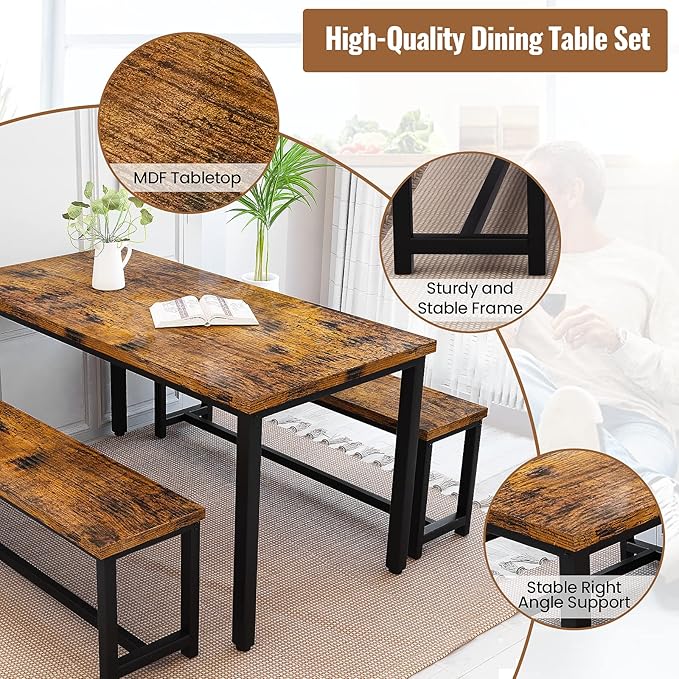 Recaceik Dining Table Set with Bench, 3 Pieces Dining Furniture Set Kitchen Table Set Sturdy Structure Space-Saving Dinette for Kitchen, Dining Room Breakfast Nook, Living Room, Rustic Brow