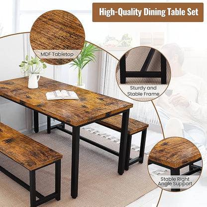 Recaceik Dining Table Set with Bench, 3 Pieces Dining Furniture Set Kitchen Table Set Sturdy Structure Space-Saving Dinette for Kitchen, Dining Room Breakfast Nook, Living Room, Rustic Brow