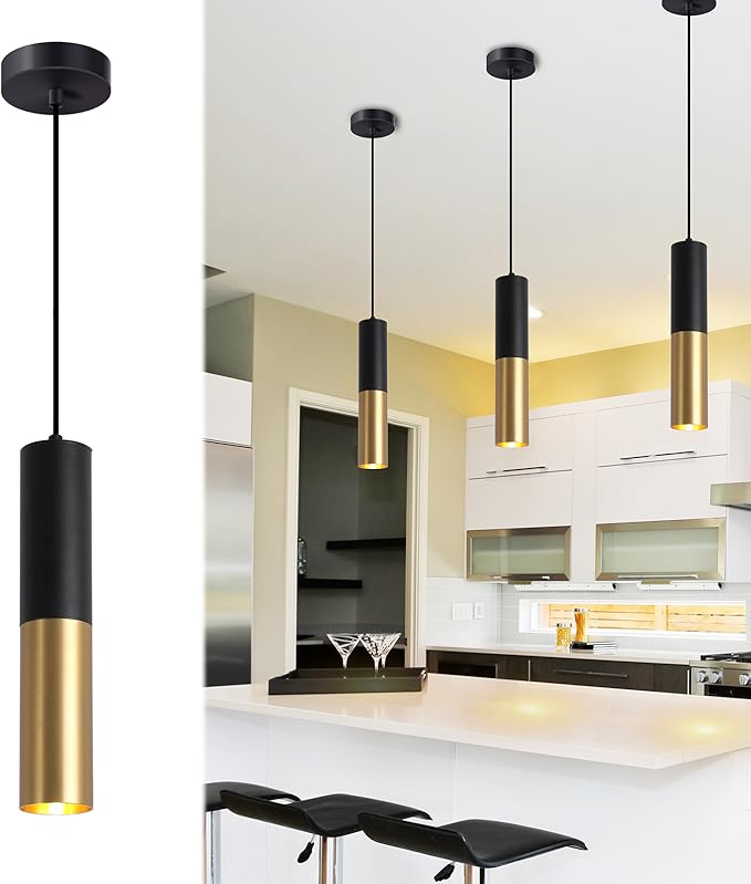 Modern Mini Pendant Light Set of 3, Metal Gold Black Pendant Ceiling Lamps Fixture with LED Bulb Hanging Light for Kitchen Island Living Room Bedroom Cafe Bar
