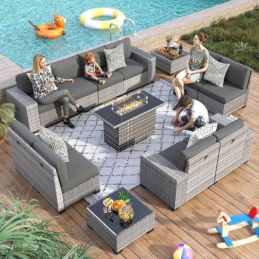 13 Piece Patio Furniture Set with Fire Pit Table, Outdoor Conversation Sets Grey Wicker Rattan Sectional Sofa, 4'' Thickened Cushion Dark Grey