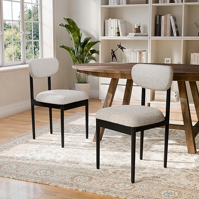 Casaphoria Upholstered Dining Chairs Set of 2, Mid-Century Modern Kitchen Chairs with Solid Wood Legs & Thick Cushion, Ergonomic Fabric Accent Chairs for Dining Room, Vanity & Office, Gray and Black