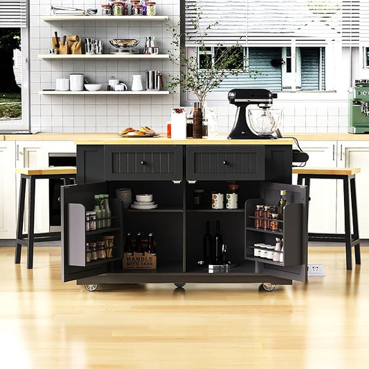 GOWE 48inch Large Kitchen Island with 2 Bar Stools, Power Outlet, Door Internal Storage Rack, Kitchen Storage Cart on 5 Wheels with Drop Leaf, 5 Open Side Racks, 2 Drawers, Black (Three Packages)