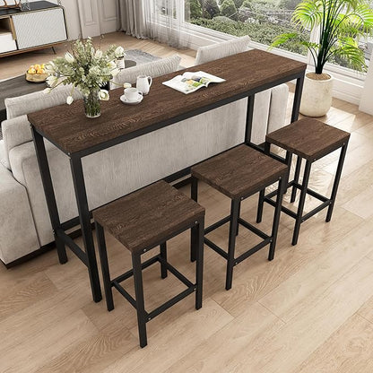 Merax Modern Design 4-Piece Counter Height Extra Long Dining Table Set with 3 Stools and Side Table with Footrest,Space-Saving Pub Kitchen Set,Easy Assembly,Dark Brown