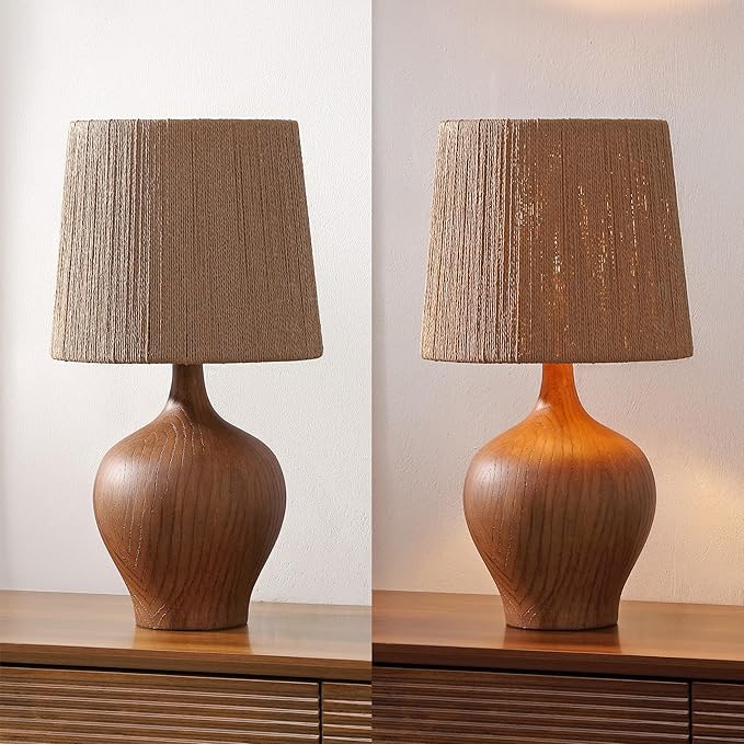 JONATHAN Y 23" Brown Wood Finish Rustic Farmhouse Resin Gourd LED Table Lamp for Bedroom, Living Room, Nightstand, with Brown Paper Rope Shade, LED Bulb Included JYL9200A