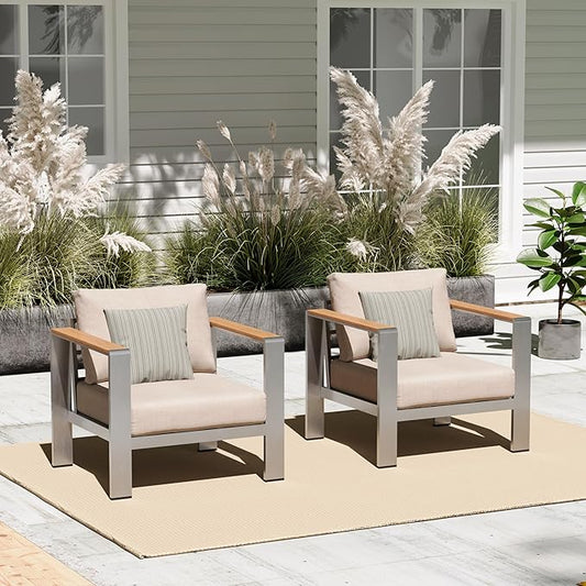 Aluminum Outdoor Patio Furniture Armchair, All-Weather Outdoor Patio Sofa with Washable Thick Cushion, Patio Sofa Couch Set of 2 for Porch, Balcony, Deck, Yard, Silver