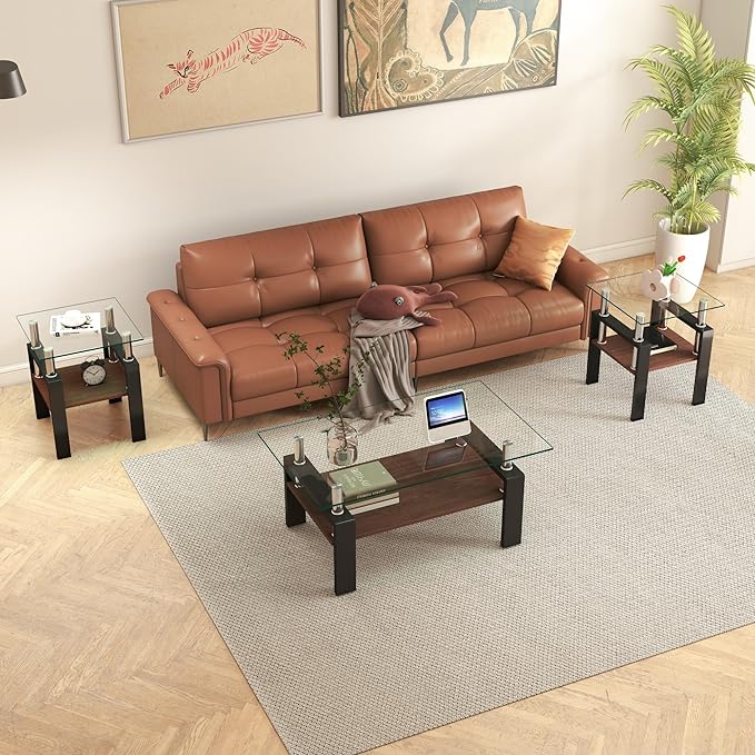 Set of 2 Glass End Table, 2-Layer Glass Living Room Table, Modern Tea Table Side Tables for Home Office Furniture