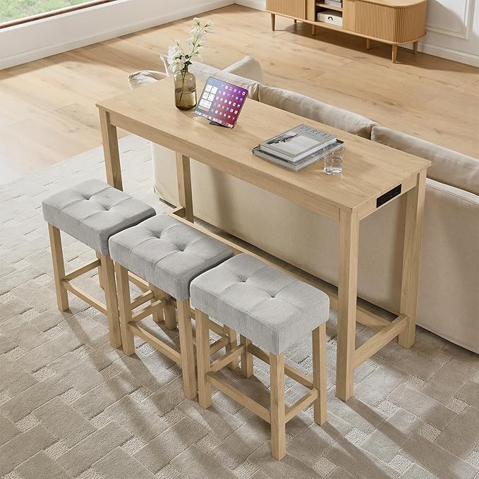 4-Piece Kitchen Island Counter-Table Set with Charging Station, Industrial 59" Dining Tables with 3 Stools, 59 Inch Farmhouse Bar Table Chairs w/USB & Type-C & Power Outlets,Light Oak
