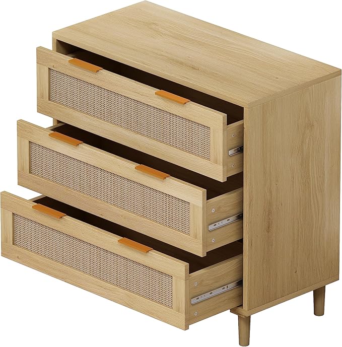 GDFStudio 31.5" Rattan Storage Cabinet with 3 Drawers, Modern Farmhouse Sideboard Buffet Cabinet, Wood Credenza Console Table for Living Room Dining Room Kitchen Hallway, Easy Assembly, Oak