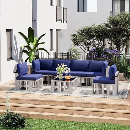 Pamapic 7-Piece Outdoor Sectional Set, Large Wicker Patio Furniture Set with Coffee Table and Washable Cushions Covers, All-Weather Patio Sofa Conversation Set for Backyard, Poolside, Garden