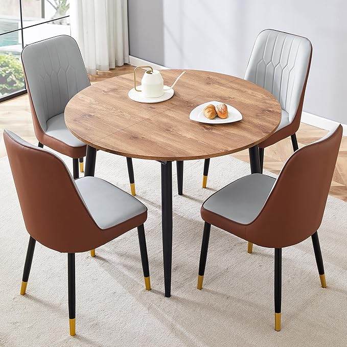 Extendable Round Dining Table Set with 4 Chairs, Telescopic MDF Table with Light Gray and Brown PU Cushion Seats, Adjustable for Different Size Gatherings in Kitchen and Dining Room