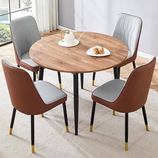 Extendable Round Dining Table Set with 4 Chairs, Telescopic MDF Table with Light Gray and Brown PU Cushion Seats, Adjustable for Different Size Gatherings in Kitchen and Dining Room