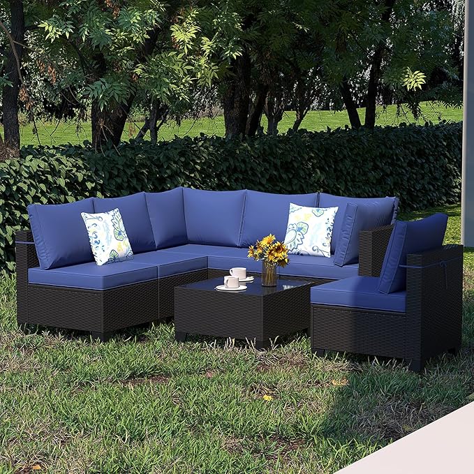 Outdoor Wicker Patio Furniture Set, Rattan Sectional Sofa Set with Thick Cushions (Coffee/Blue, 7 Piece Sofa Set)