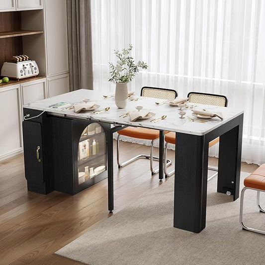59" Extendable Sturdy Island Table, Rustic Dining Table with Storage, Mid Century Dining Table with Power Outlet for Kitchen Living Room, Black,White Marble