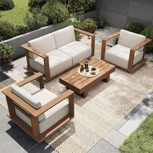 Sophia & William HDPE Patio Furniture Set，Modern Outdoor Sectional Sofa Set with 9.8" Cushions and 43.5" Wood Grain Coffee Table, Deep Seating Outdoor Conversation Set for Backyard(Beige, 5 Pieces)