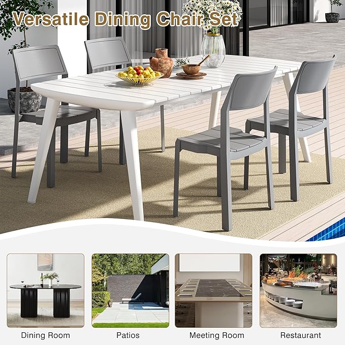 VECELO 4 Pack Plastic Dining Chairs, Stackable Patio Chairs for Indoor Outdoor Use in Kitchen, Poolside, No Assembly Required, Grey